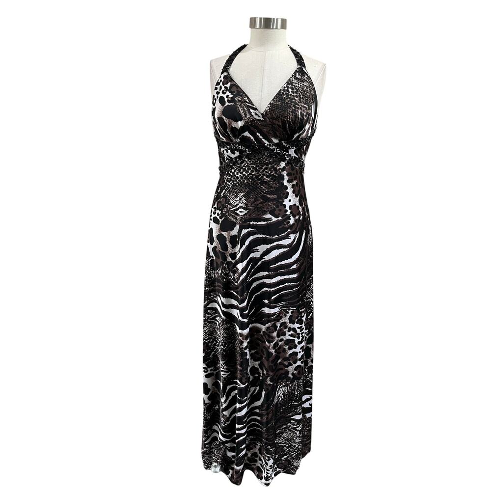 Y2K Morgan & Co Animal Print Halter Maxi Dress Sz M Prom Formal Vintage